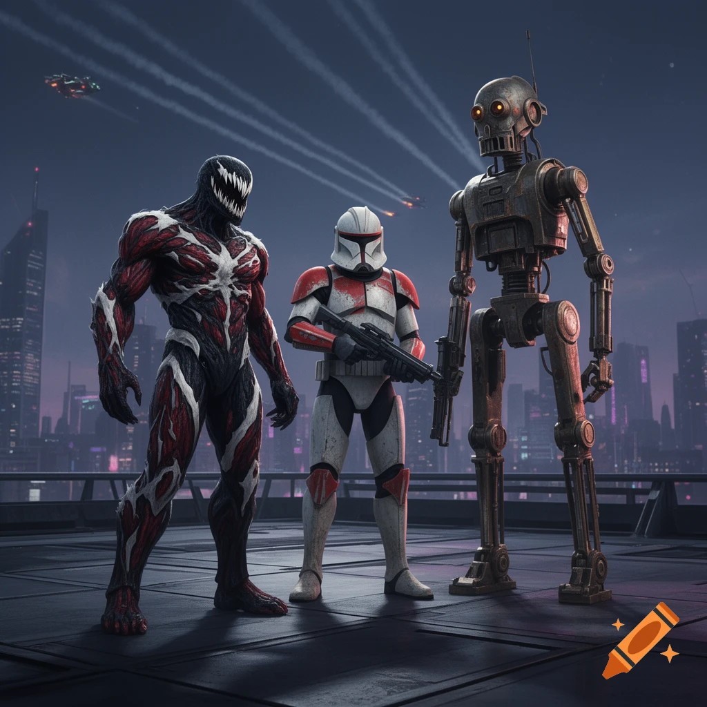 Carnage, a Clone Trooper, and an IG-88 Droid stand on a futuristic city rooftop at dusk in a digital art style.