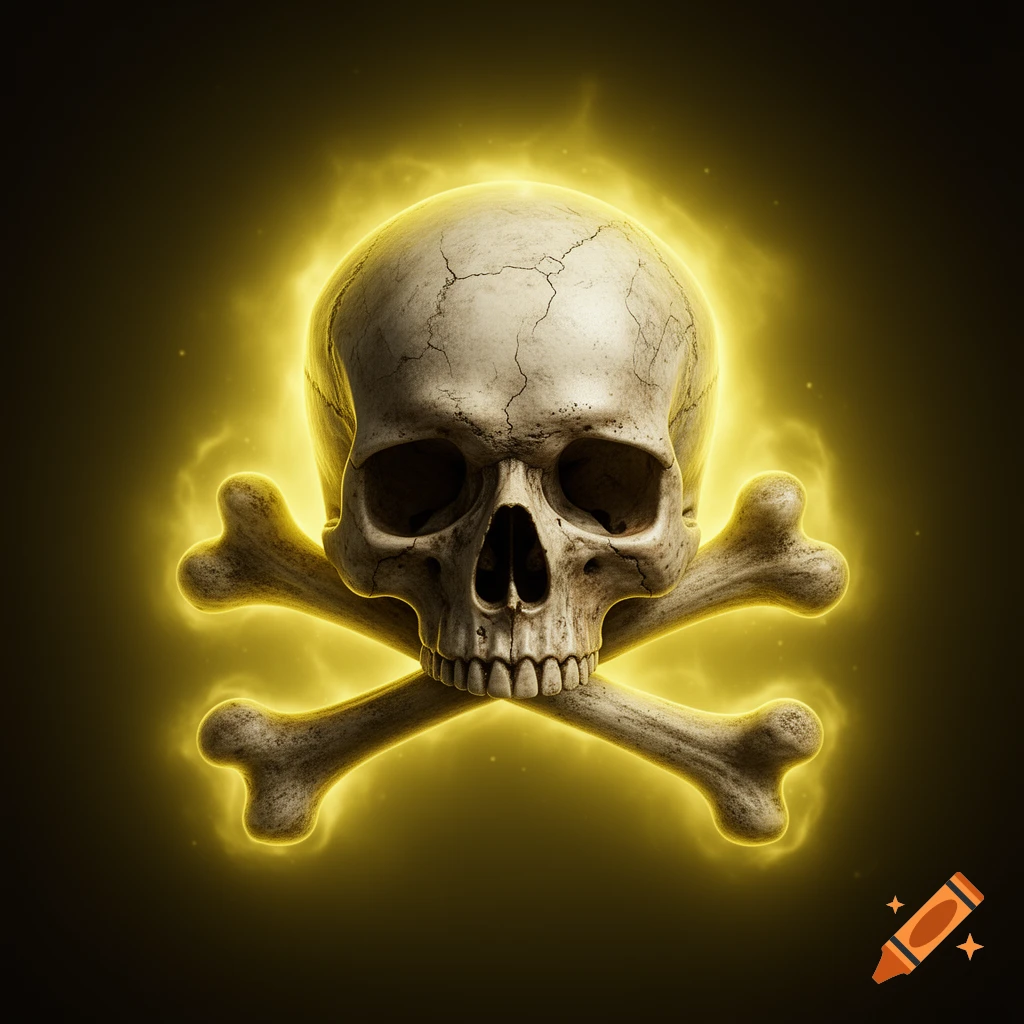 A stylized skull and crossed bones with a vibrant yellow glow on a dark background.