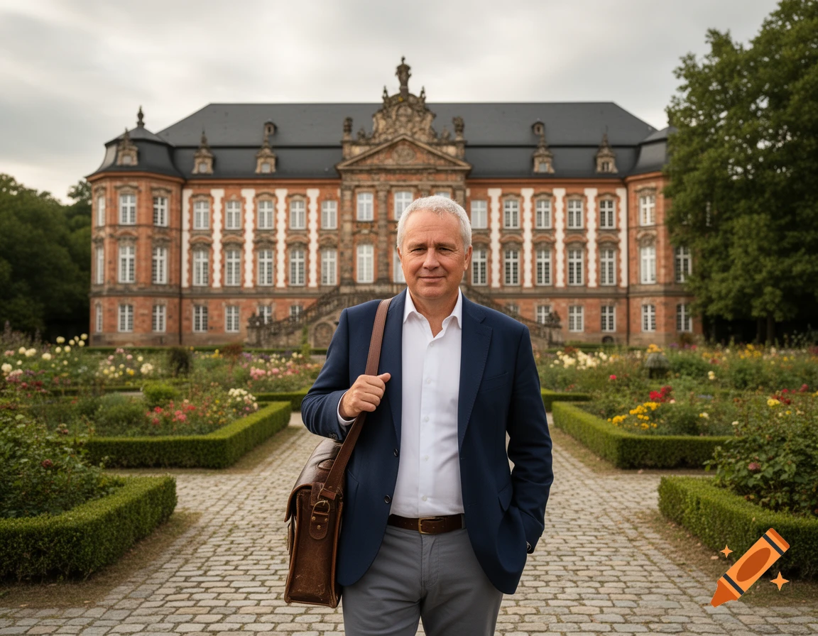 Photorealistic image of a middle-aged man in a suit with a satchel standing in a formal garden in front of an ornate castle.