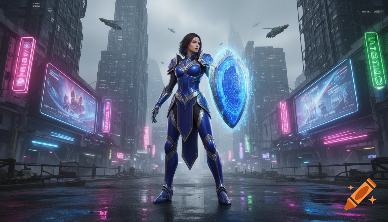 A female warrior in blue and silver armor with a glowing blue shield stands in a futuristic, neon-lit city street with flying vehicles.