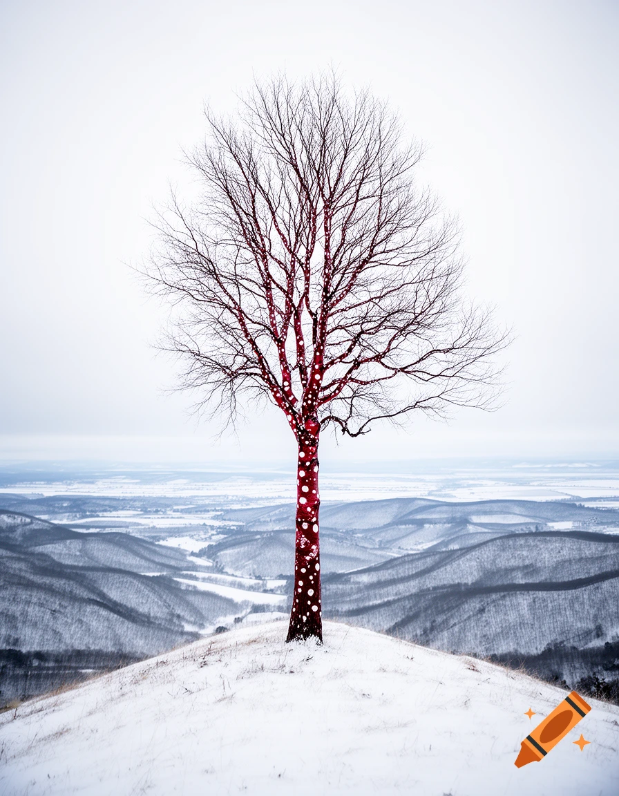 A barren tree with red bark and white spots stands alone on a snow-covered hill, overlooking a vast snowy valley.