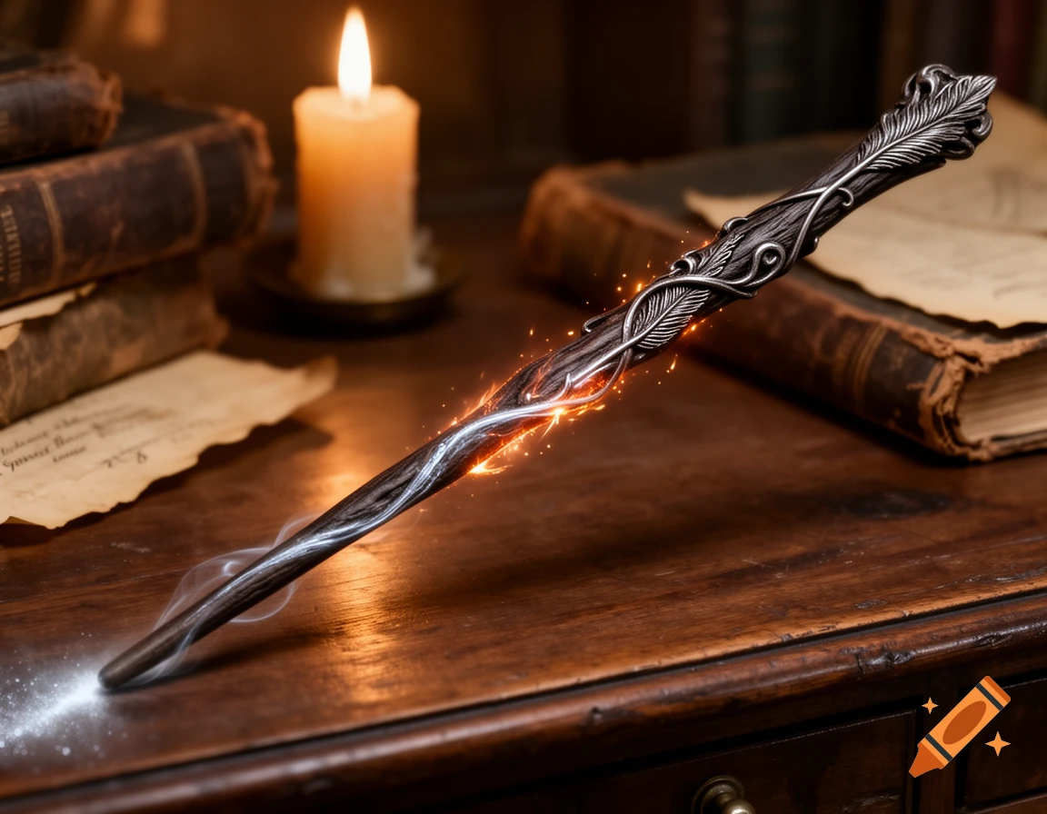 A photorealistic wizard's wand with silver feather carvings glows with magical energy on an old wooden desk with books and a candle.
