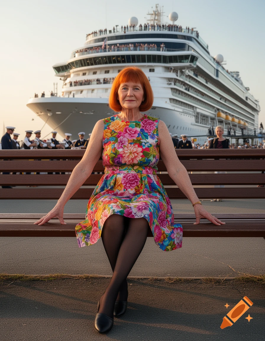 An older woman with red hair in a colorful floral dress sits on a bench, a large white cruise ship docked behind her.