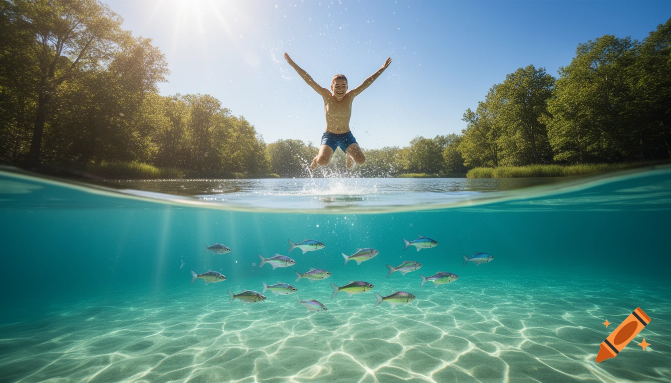 Photorealistic split-screen view of a child jumping into a clear lake with trees on the shore, while fish swim underwater.