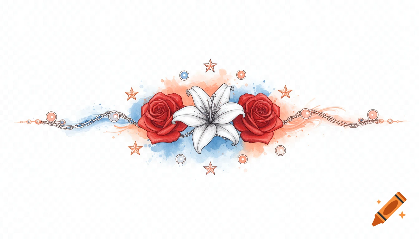 Line art illustration of a white lily between two red roses, connected by a chain, with blue and orange watercolor accents and stars.