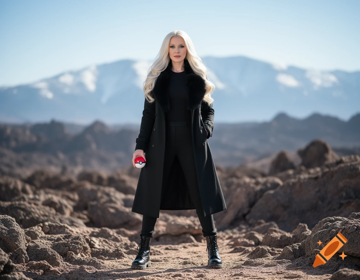 Photorealistic image of a woman, resembling Pokémon's Cynthia, in a black coat holding a Poké Ball in a rocky, mountainous landscape.
