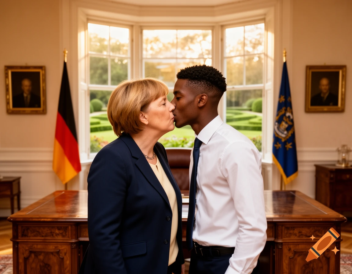 Angela Merkel kisses a young man in a formal office setting with flags and portraits.