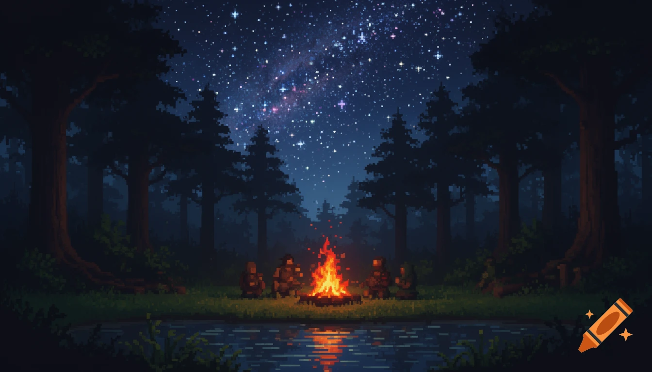 Pixel art of people around a campfire in a dark forest with a starry night sky and a reflective pond.