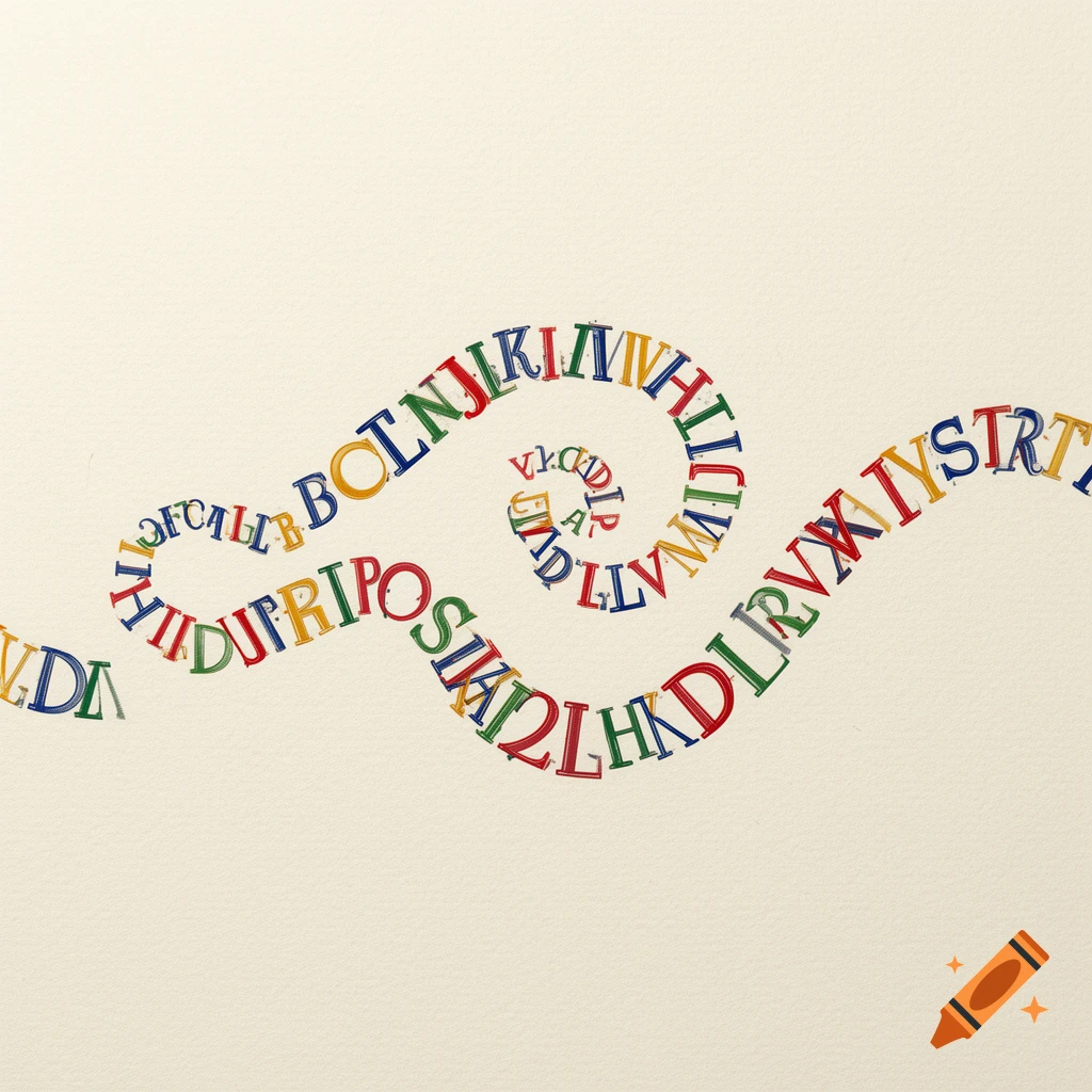 Colorful alphabet letters forming a spiral pattern on a cream background.