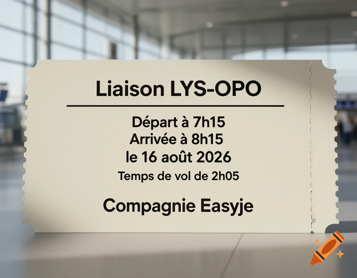 A realistic plane ticket with flight details (LYS-OPO, August 16, 2026, Easyje company) displayed in an airport terminal.