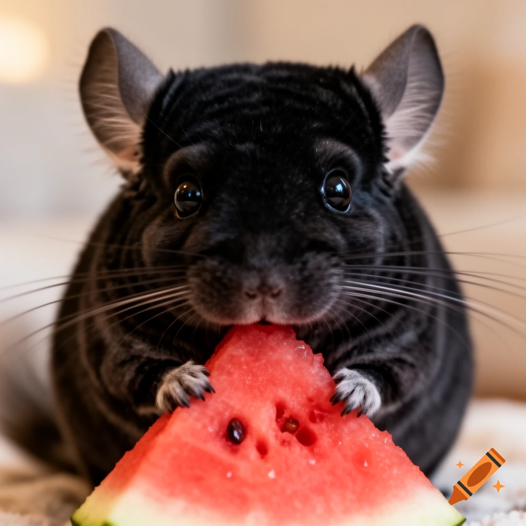 A close-up of a black chinchilla with shiny eyes eating a slice of watermelon.