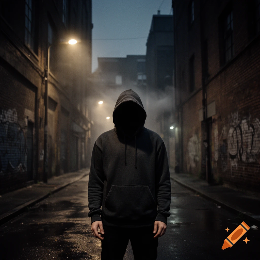 A mysterious figure in a dark hoodie with a shadowed face stands in a foggy, wet urban alleyway at night, lit by streetlights.