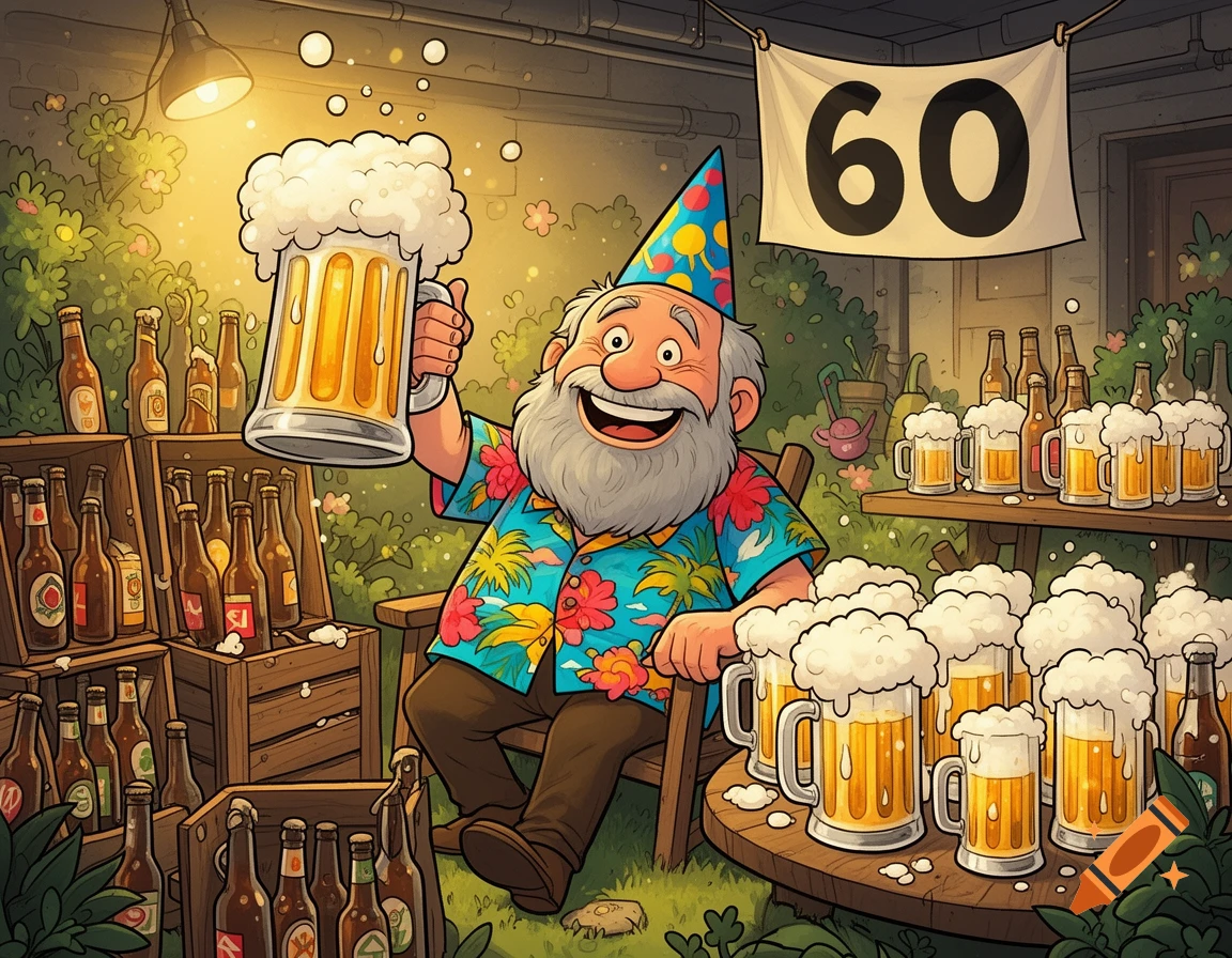 Cartoon of a happy, bearded man in a party hat and Hawaiian shirt raising a beer mug at his 60th birthday celebration, surrounded by beer bottles and mugs.