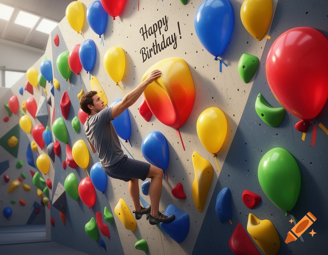 A male boulderer climbs an indoor wall adorned with colorful balloon-shaped holds and 'Happy Birthday!' text.