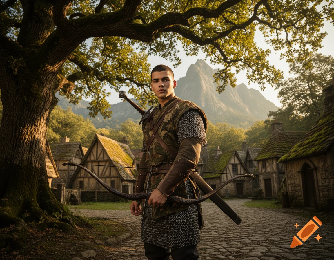 A young man in medieval chainmail and tunic holds a bow, standing under a large tree in a village with mountains in the background.