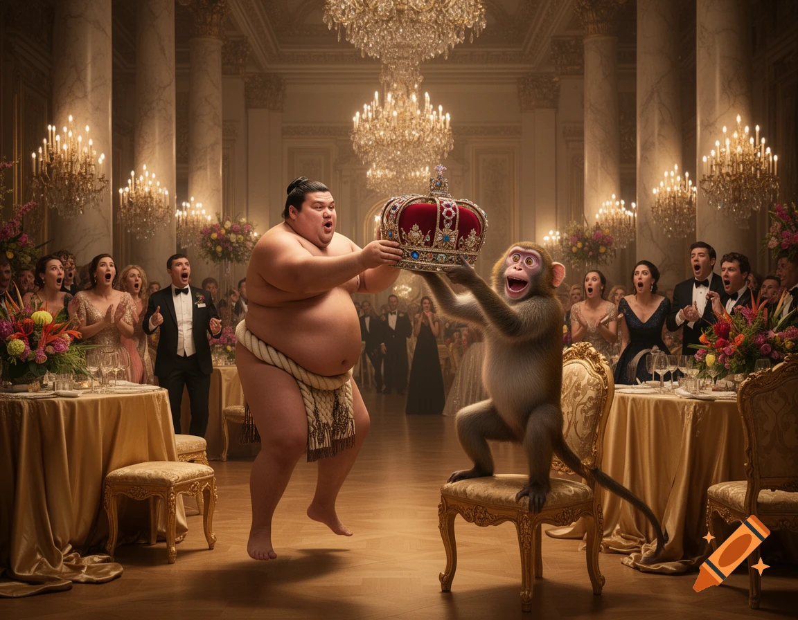 A photorealistic sumo wrestler hands a crown to a monkey on a chair in a grand ballroom with surprised guests.