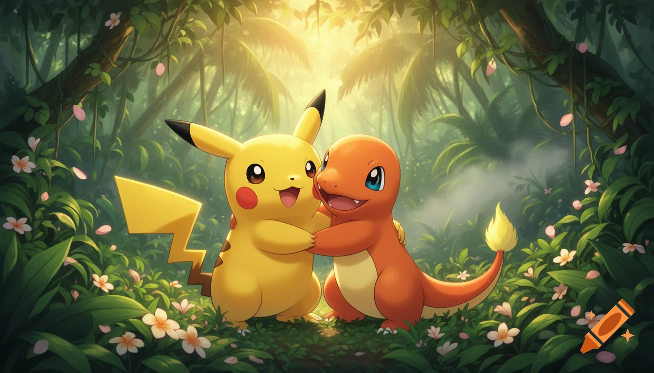 Pikachu and Charmander hugging happily in a lush, vibrant jungle filled with green foliage and pink flowers.