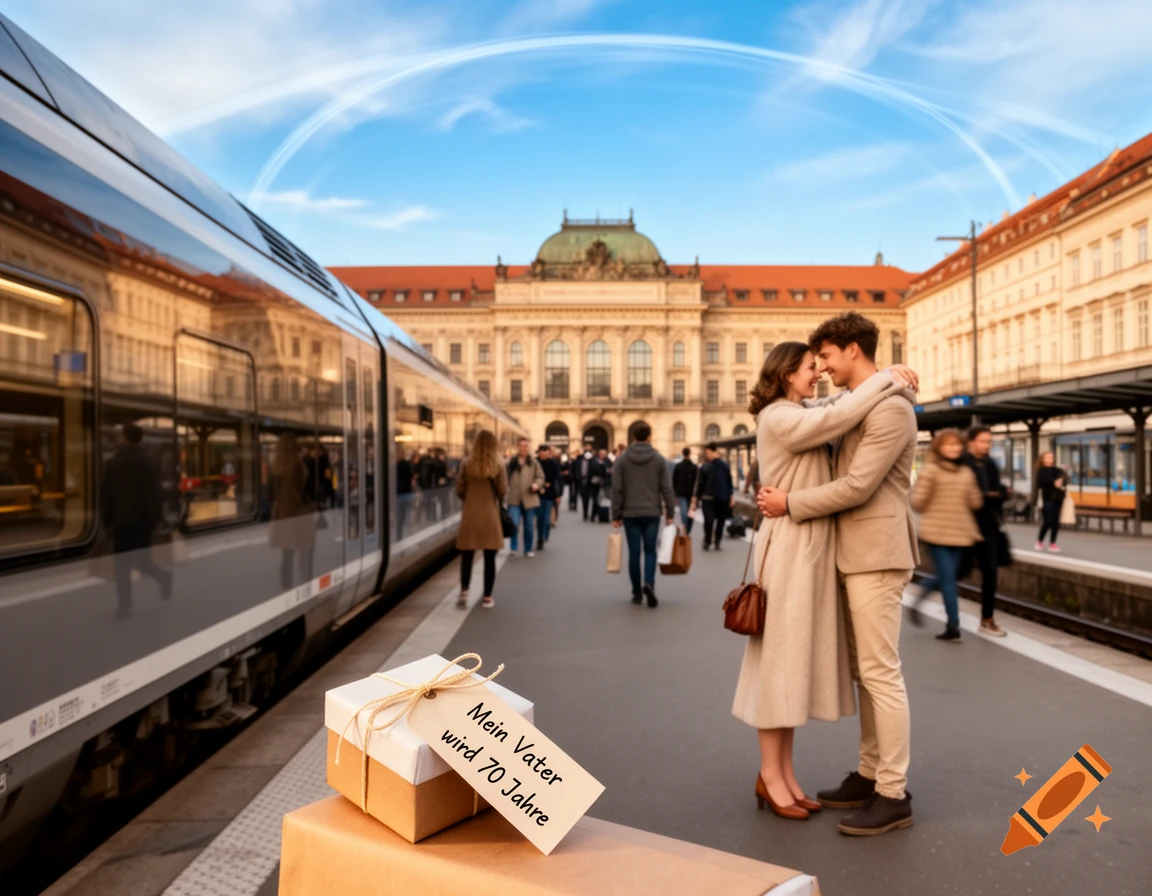 A couple embraces on a train station platform, with a gift box labeled 'Mein Vater wird 70 Jahre' in the foreground. Photorealistic.