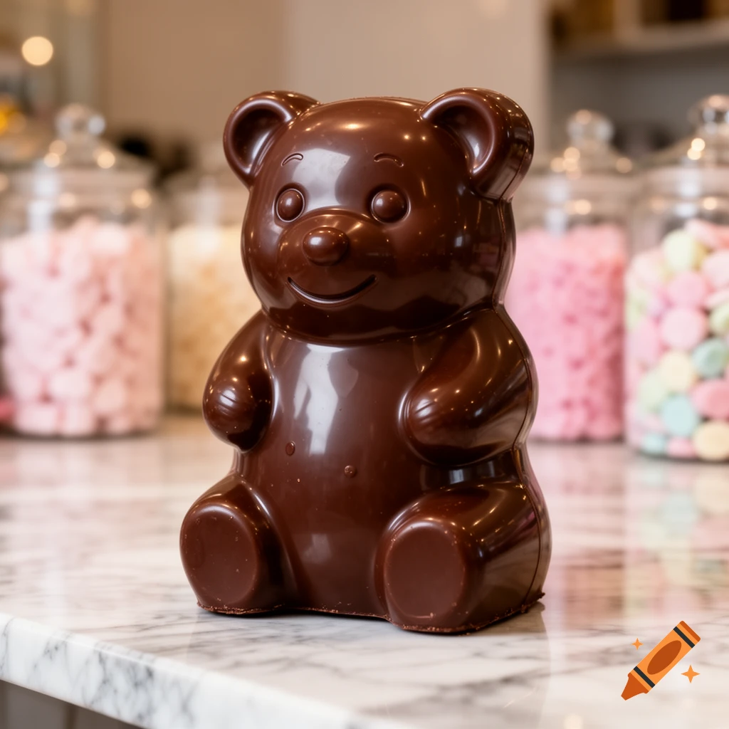 A shiny dark chocolate bear sits on a marble countertop, with jars of colorful candies in the blurred background.