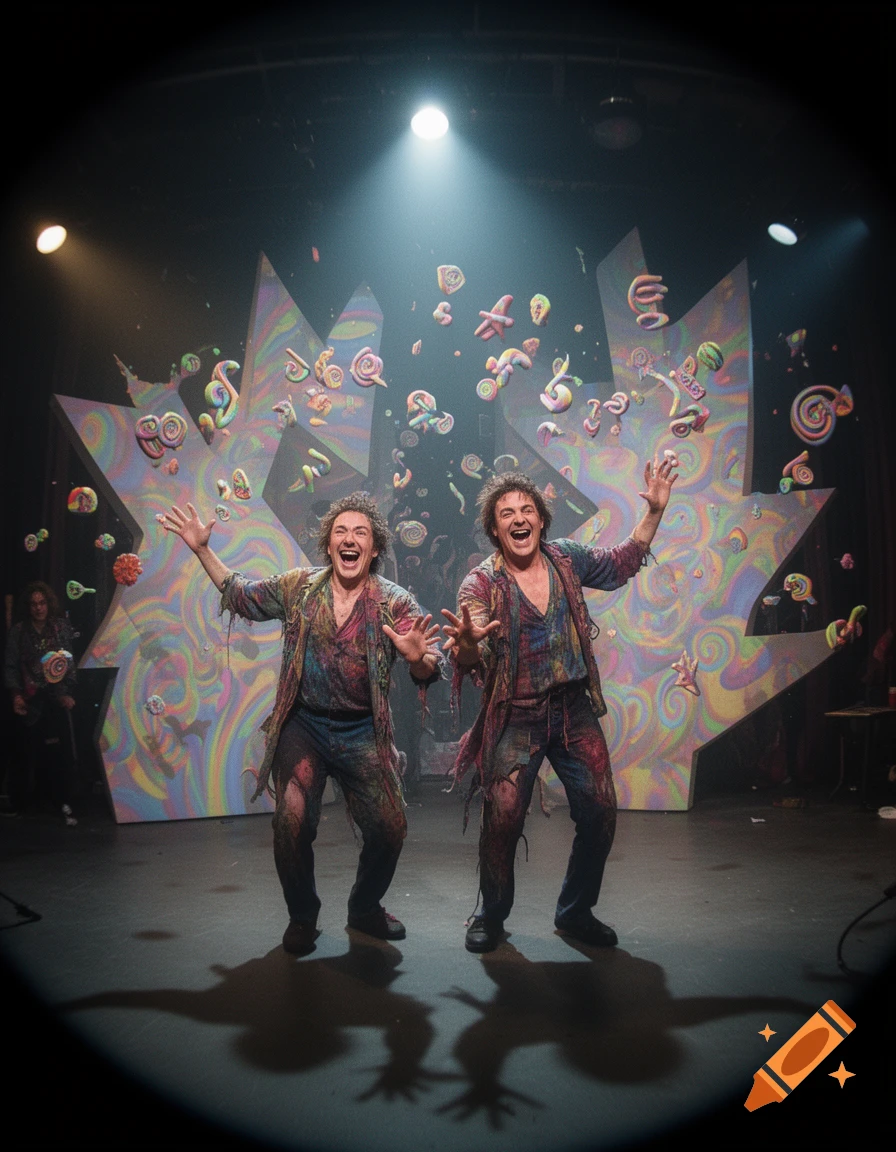 Two men with wild expressions and colorful, tattered clothes on a stage, surrounded by swirling, abstract shapes under a spotlight.