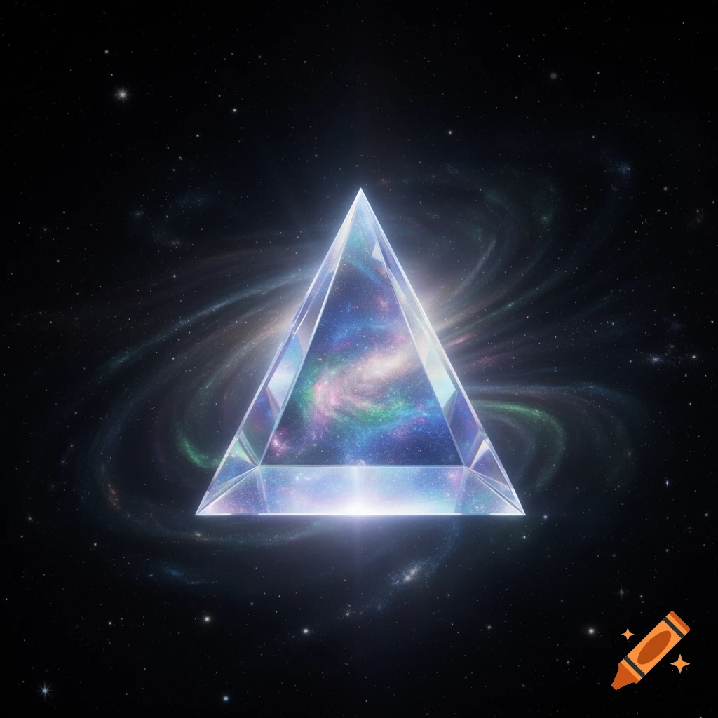 A luminous, transparent triangular prism in deep space, reflecting a vibrant, swirling galaxy within its facets and surrounded by stars.