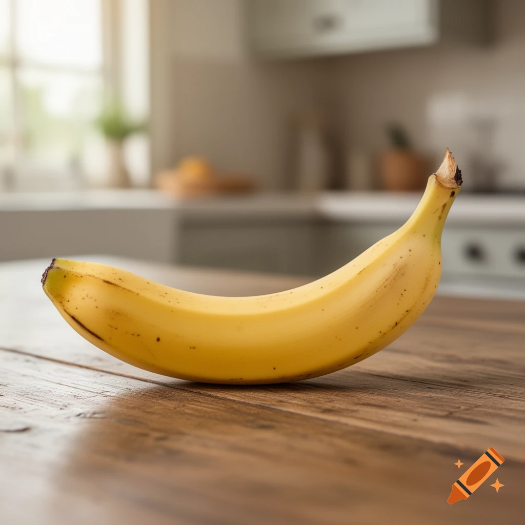 A ripe yellow banana with brown specks rests on a rustic wooden table in a blurred kitchen background, photorealistic style.