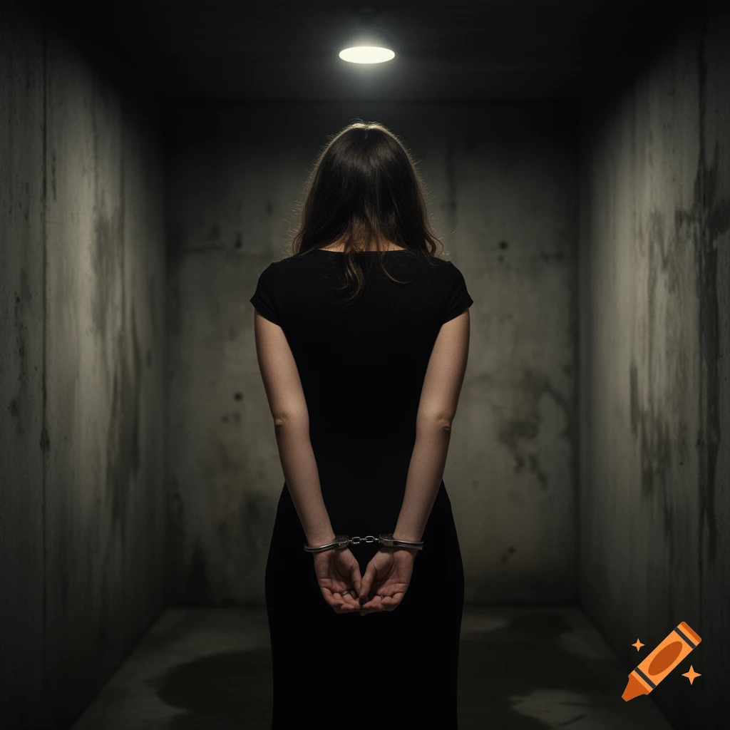 A woman with her hands cuffed behind her back, standing in a dark concrete room under a single light.