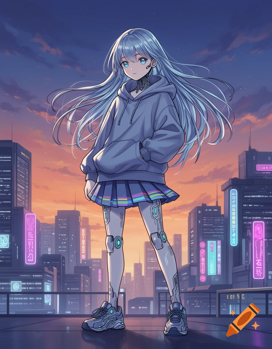 An anime robot girl with long silver hair, wearing a gray hoodie, skirt, and sneakers, stands on a rooftop overlooking a cyberpunk city at sunset.