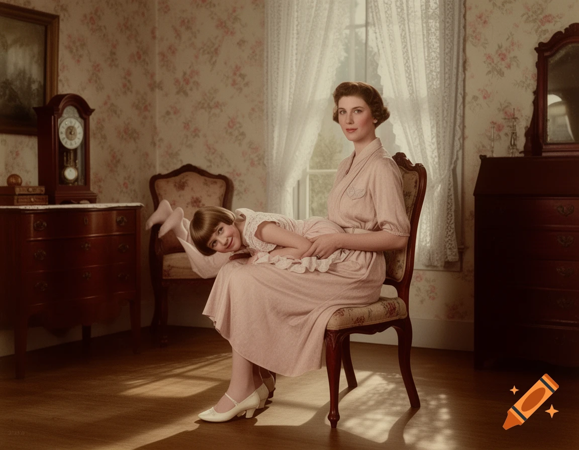 1930s woman in a pink dress sitting on a chair, holding a young girl smiling on her lap, in a room with floral wallpaper and lace curtains.