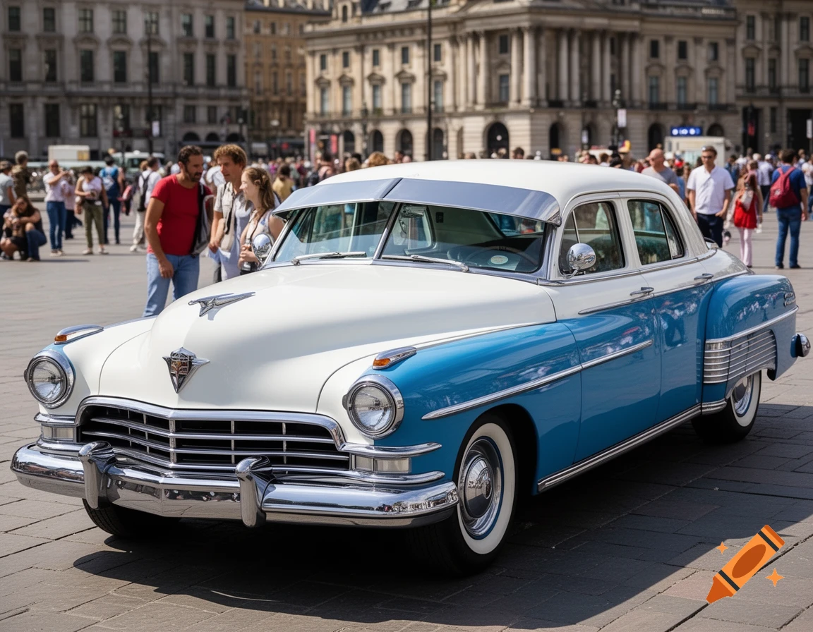 A two-tone blue and white 1953 Chrysler New Yorker sedan parked in a city square with people and historic buildings in the background.