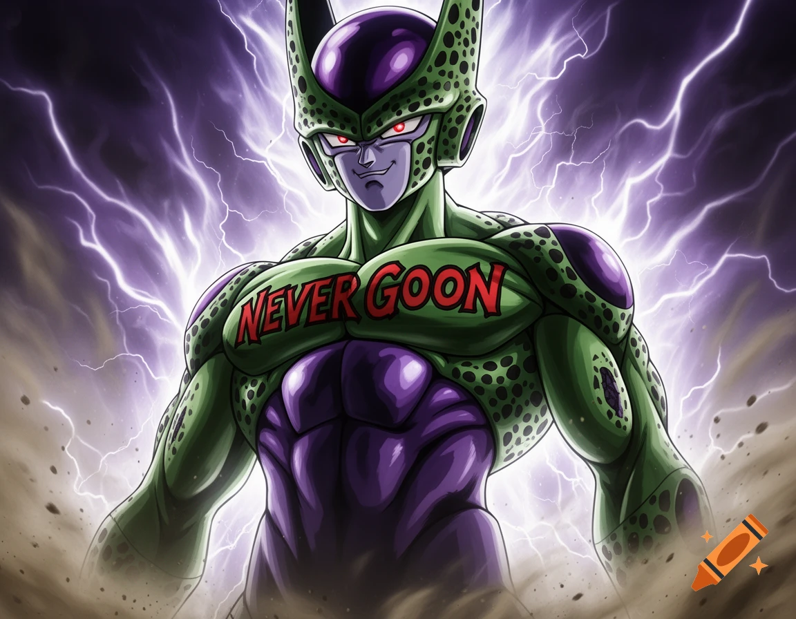 Muscular green and purple Cell from Dragon Ball Z with glowing red eyes and 'NEVER GOON' on his chest, surrounded by purple lightning.