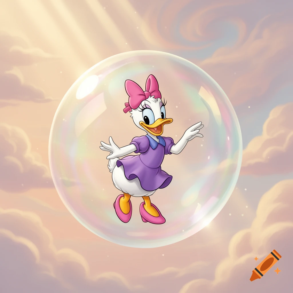 Daisy Duck, a white duck with an orange bill, pink bow, purple dress, and pink shoes, floats inside a clear bubble against a sky with soft pink and orange clouds.