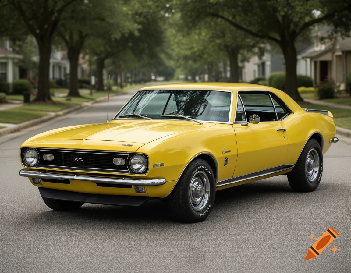 A photorealistic bright yellow 1967 Chevrolet Camaro SS muscle car parked on a suburban street lined with trees.