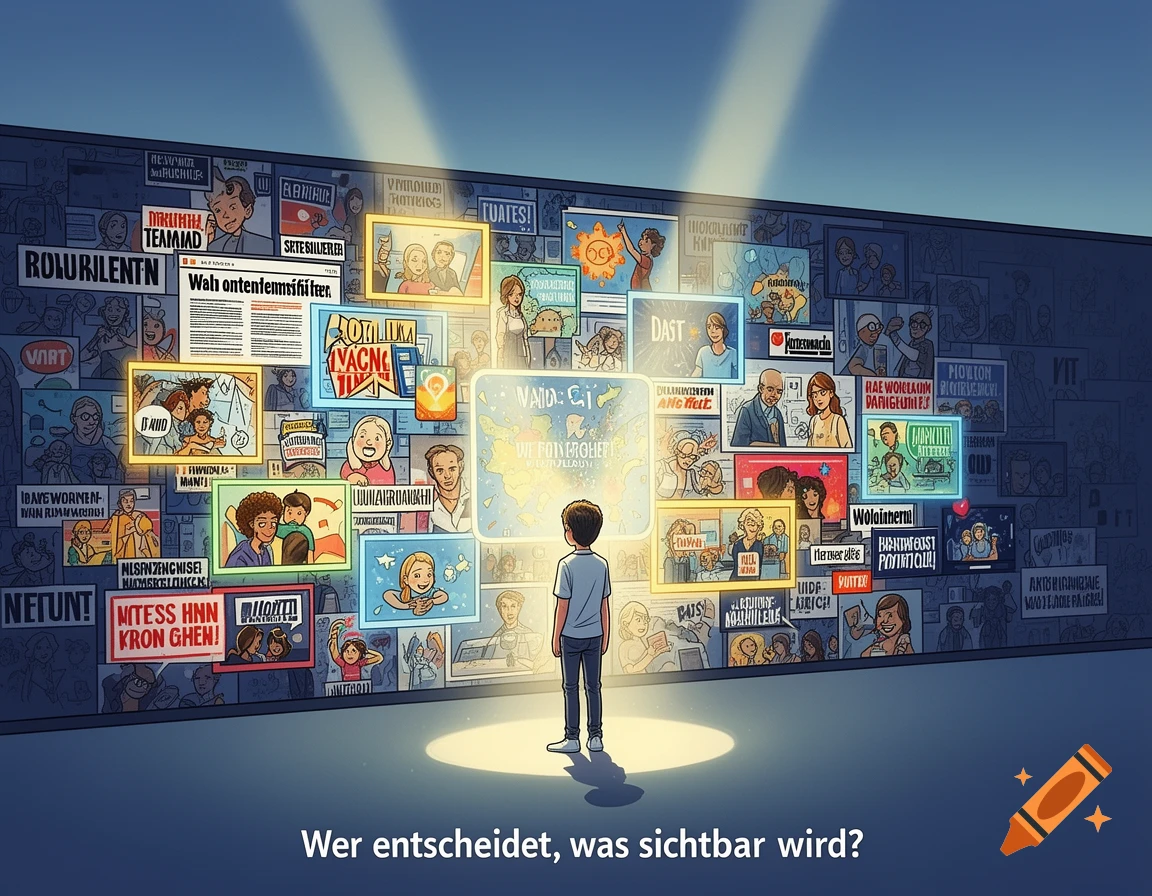 A young person stands before a large digital media wall, illuminated by spotlights, gazing at various news, ads, and personal posts competing for attention. The text at the bottom asks, "Who decides what becomes visible?"