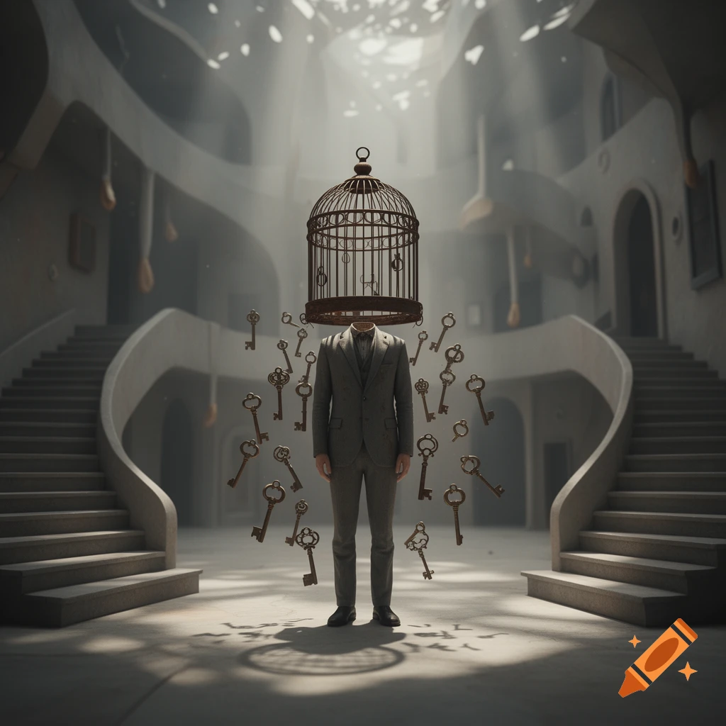 A headless man in a suit with a birdcage for a head stands amidst floating keys in a surreal, ornate, dimly lit hall.