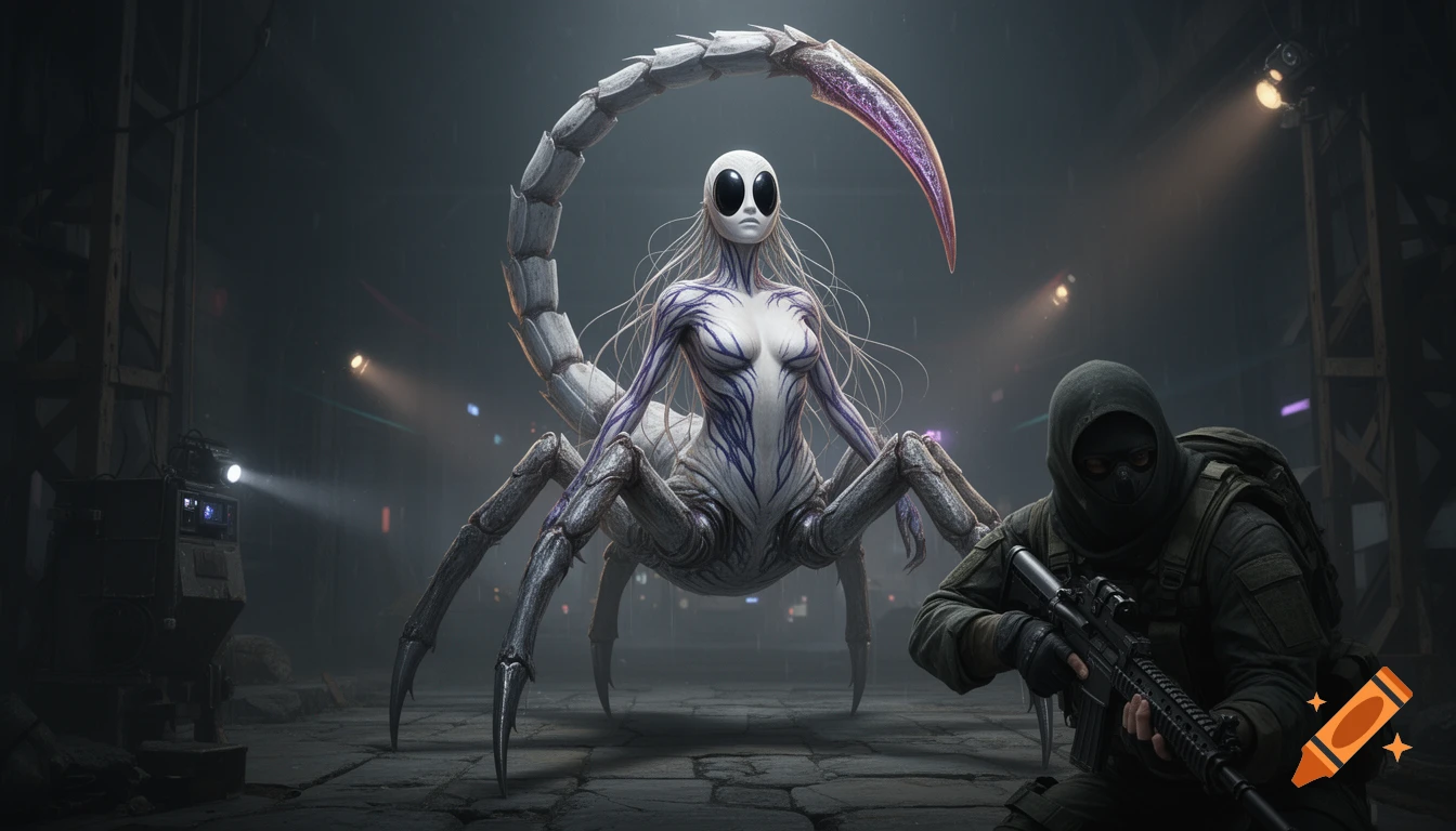 A photorealistic image of a soldier aiming a rifle at a large, scorpion-like humanoid creature in a dark, industrial setting.