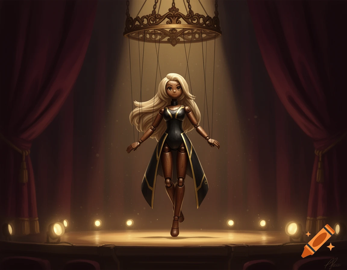A wooden marionette puppet doll with blonde hair, resembling Cynthia from Pokemon, stands on a spotlighted theater stage with red curtains.