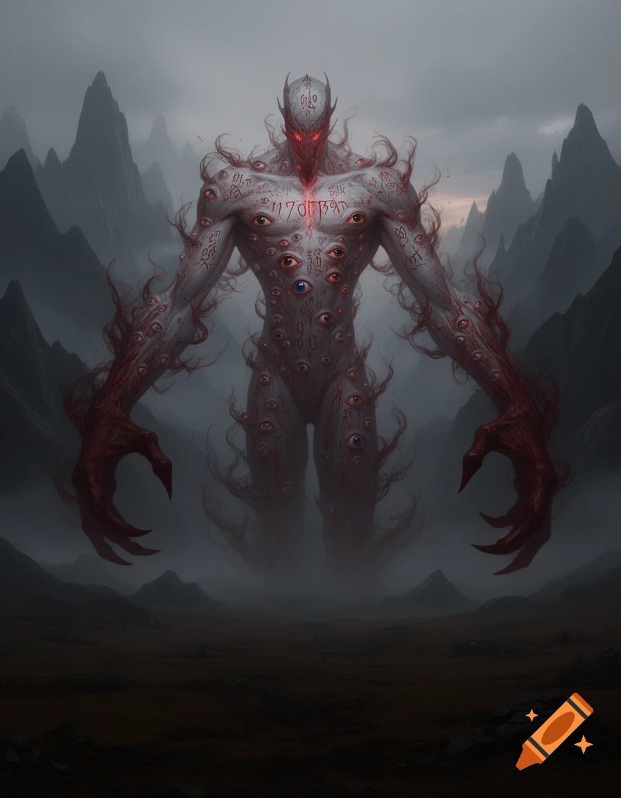 A monstrous, pale-skinned fallen angel covered in many eyes and red glowing tendrils, standing in a desolate, misty mountain landscape.