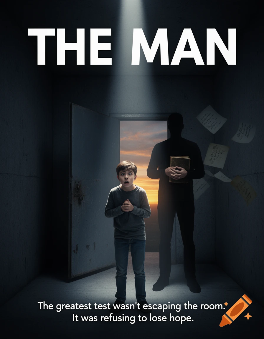 A frightened boy looks shocked in a dimly lit concrete room with a shadowy figure and an open door to a sunset. A book cover for 'THE MAN' with a tagline below.