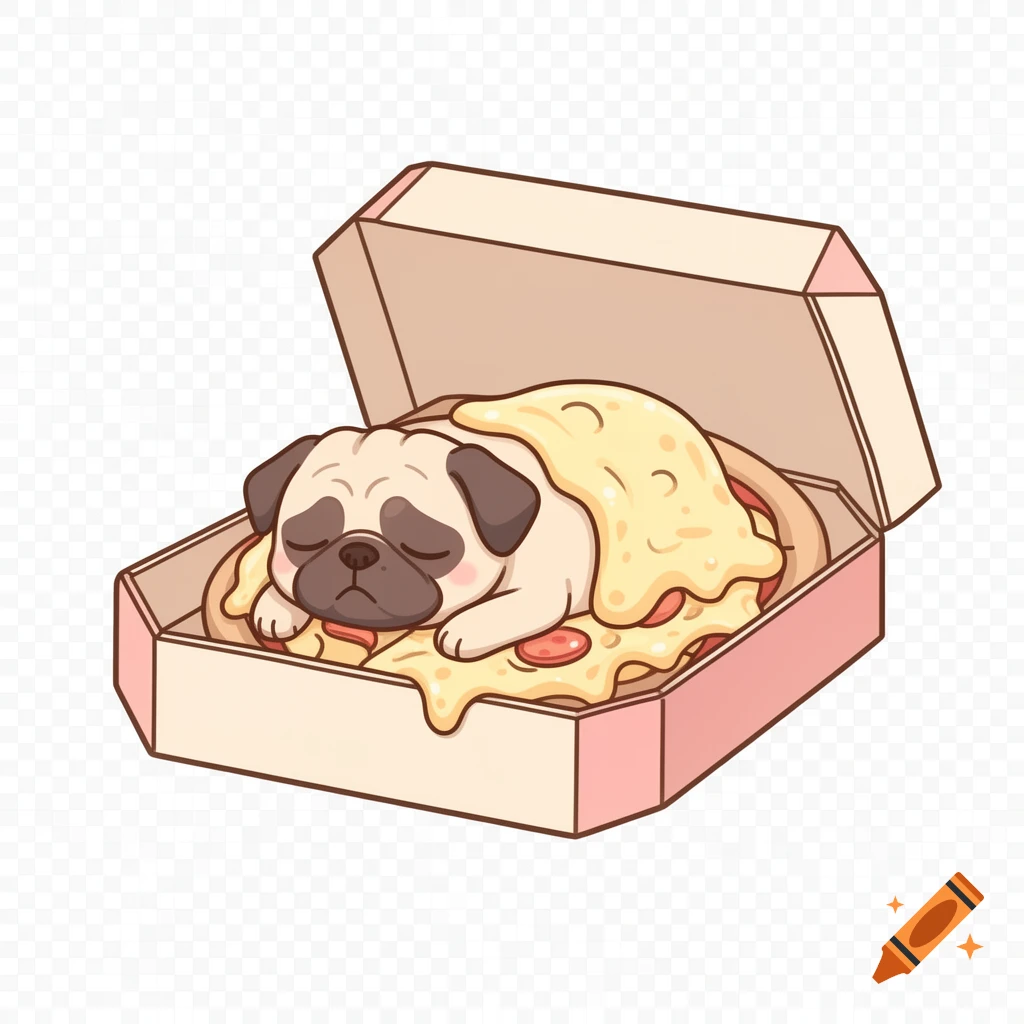 A sleeping chibi pug puppy nestled in a pizza box, covered in melted cheese, in a cute kawaii vector illustration style.