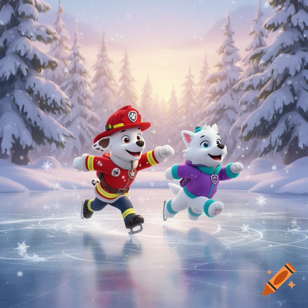 Marshall and Everest from Paw Patrol ice skating happily on a frozen lake in a snowy cartoon forest.