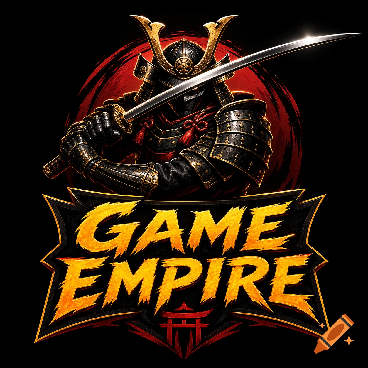 A stylized logo features a samurai warrior in black and gold armor with a sword, above 'GAME EMPIRE' text and a red torii gate.