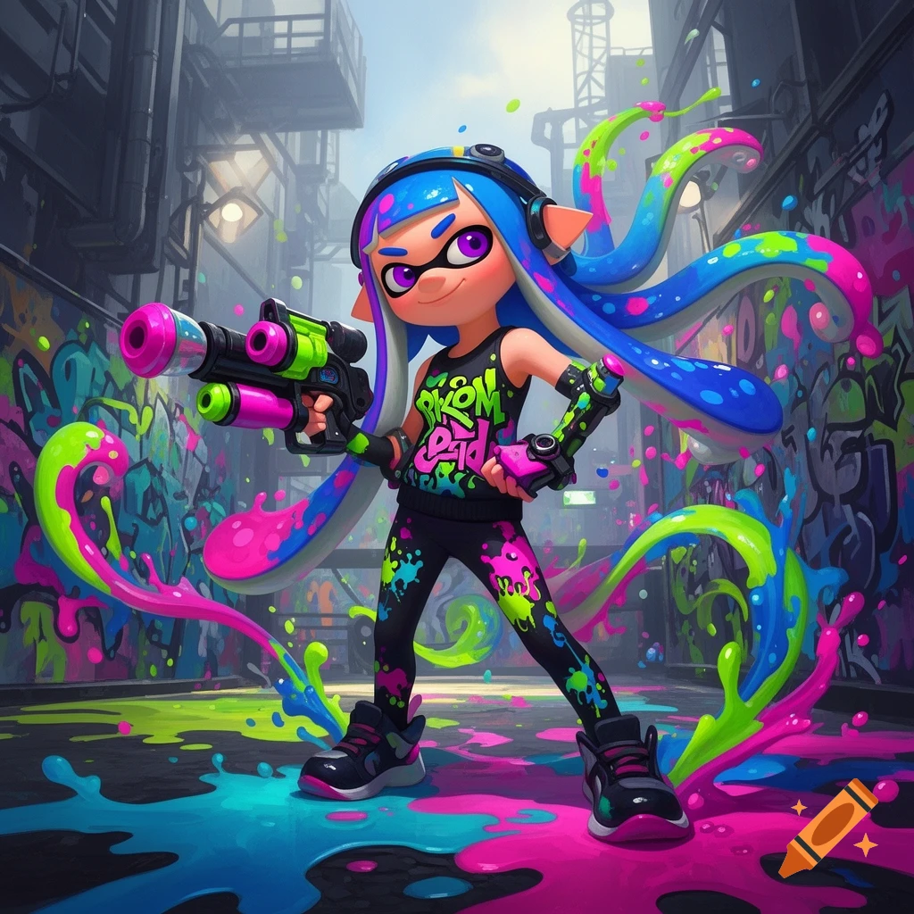 Vibrant cartoon Inkling girl from Splatoon holding an ink gun in a graffiti-covered alley with colorful paint splatters.