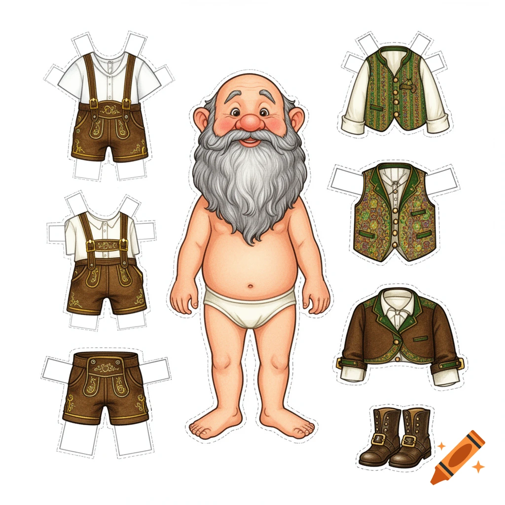 Cartoon paper doll of a smiling dwarf in underwear, surrounded by traditional Bavarian-style cut-out clothing items on a white background.