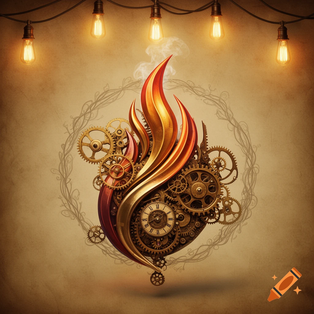 A steampunk symbol of a flame, made of golden and red metal, gears, and a clock face, under glowing string lights.