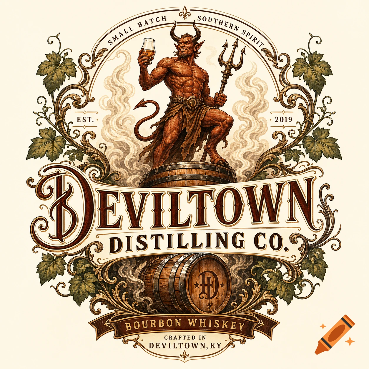 Vintage-style logo for Deviltown Distilling Co. featuring a muscular devil holding a trident and a whiskey glass, standing on a barrel.