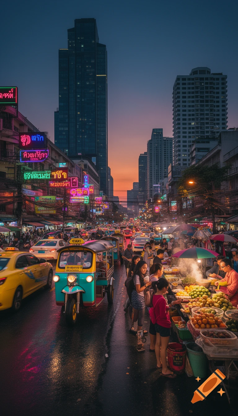 A bustling street in Bangkok at dusk, filled with vibrant neon signs, a turquoise tuk-tuk, yellow taxis, and people at street food stalls.