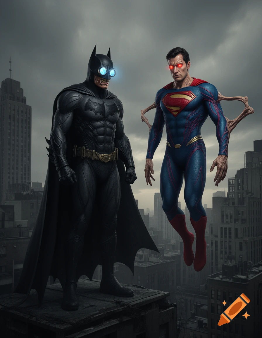 Uncanny Batman with glowing blue eyes and a monstrous mouth stands beside a distorted Superman with red eyes and tentacles, on a city rooftop.