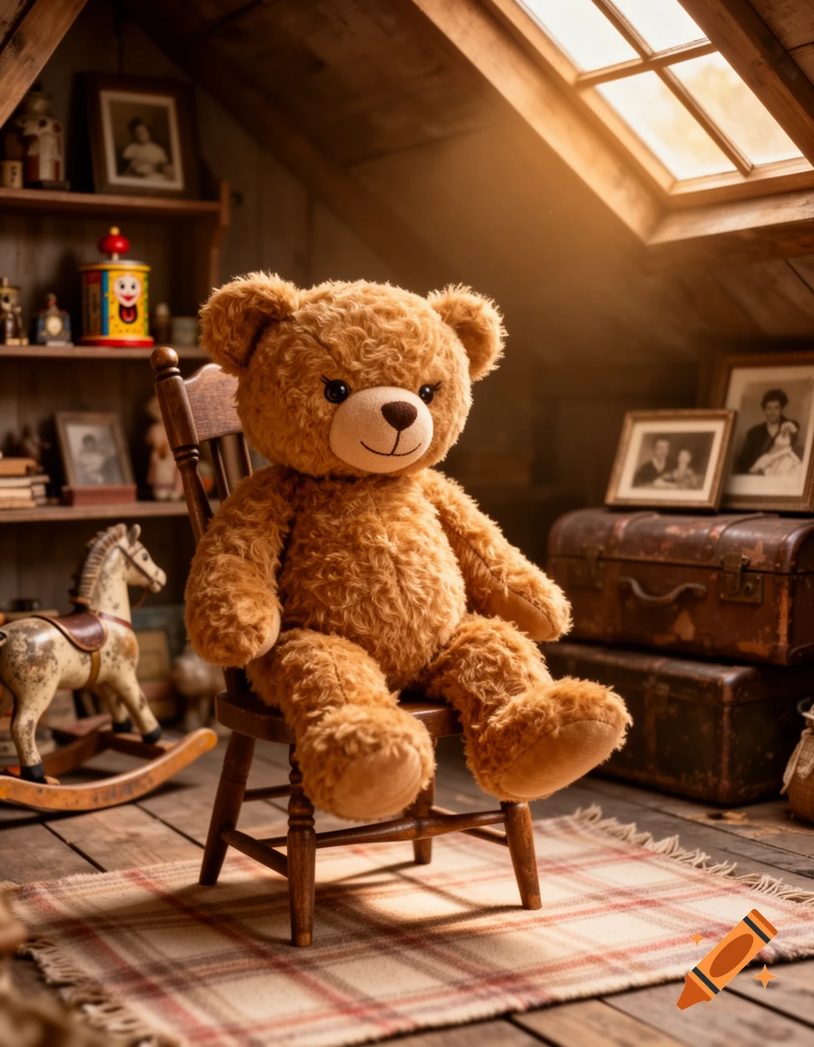 A photorealistic teddy bear sits on a wooden chair in a sunlit attic, surrounded by vintage toys and trunks.
