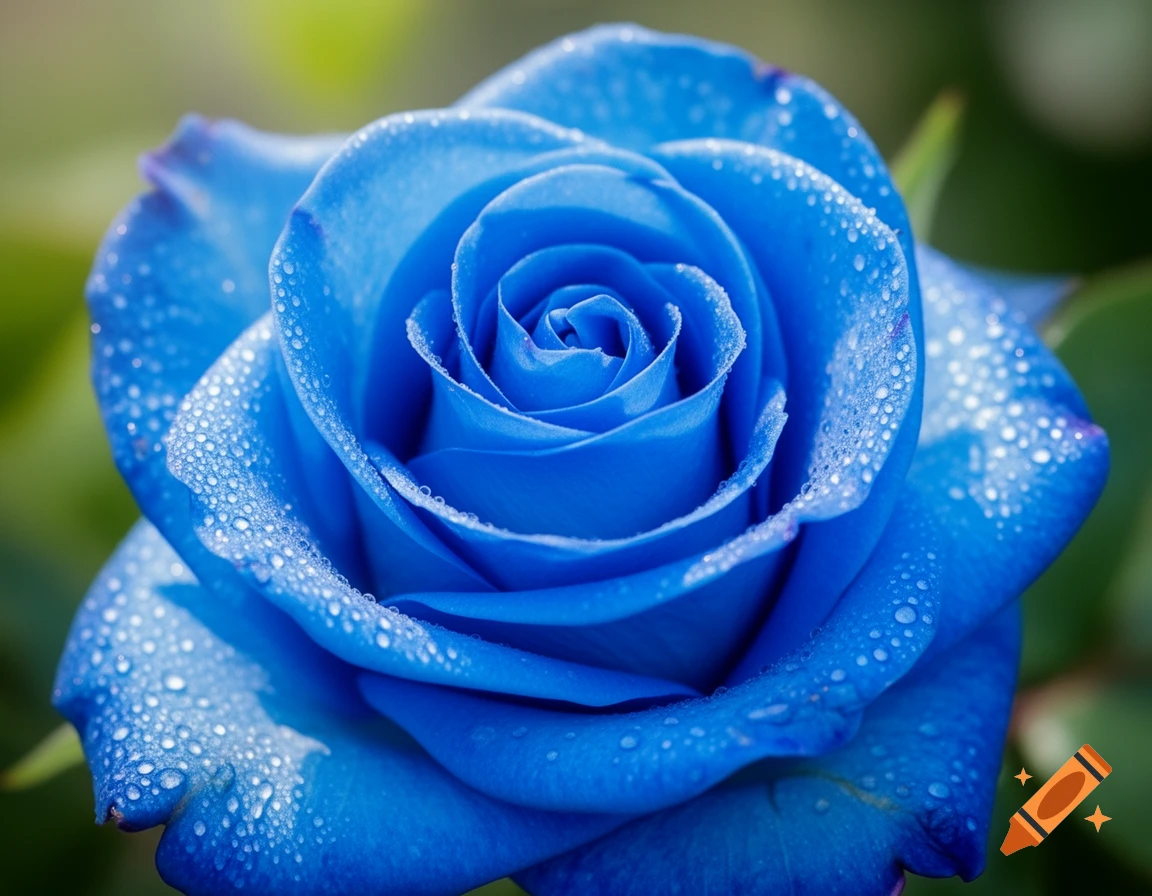 A vibrant blue rose covered in dew drops against a soft green, out-of-focus background.